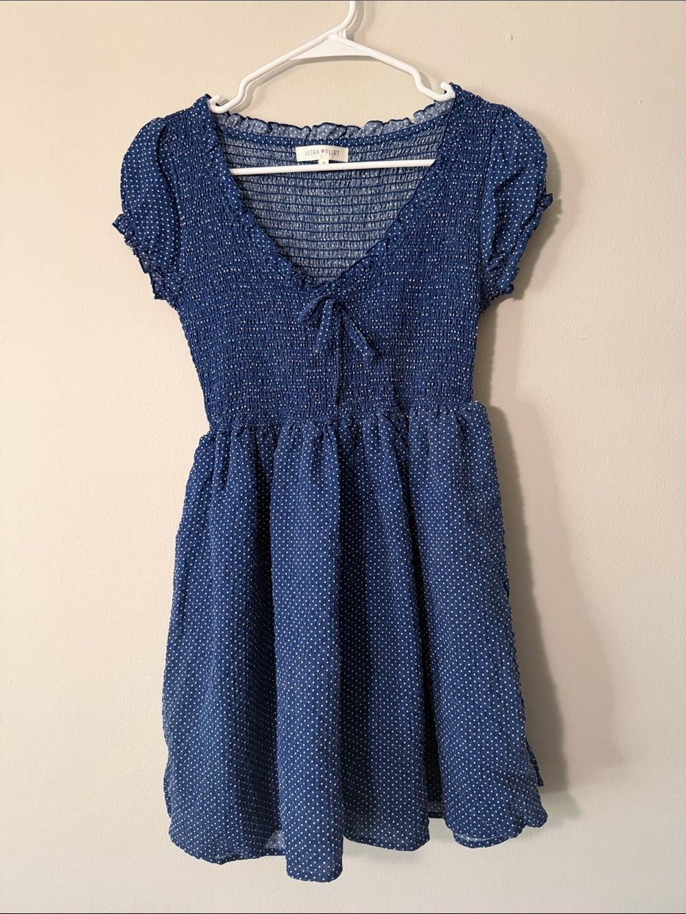Navy Blue Polka Dot Smocked Waist Dress
